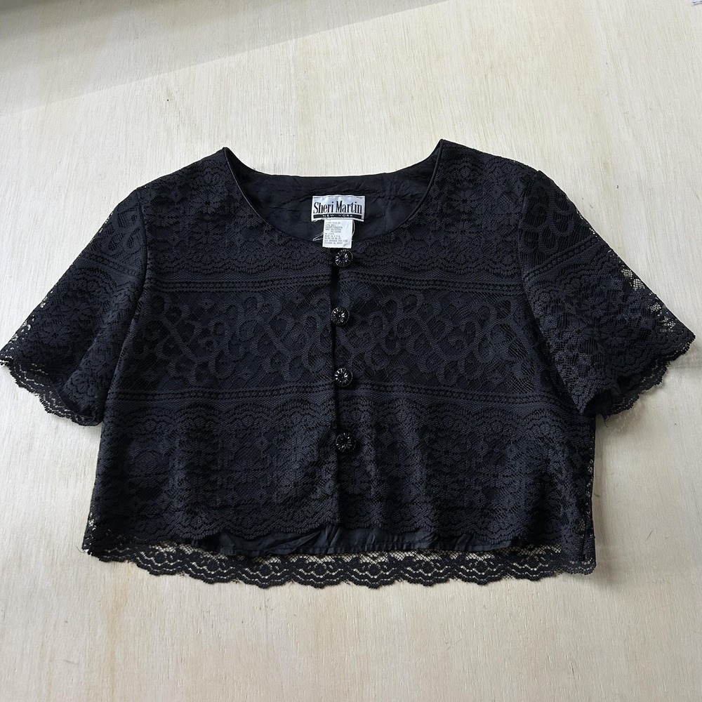 Vintage Sheri Martin Jacket Womens Large Black Lace Button Front Cropped Dressy